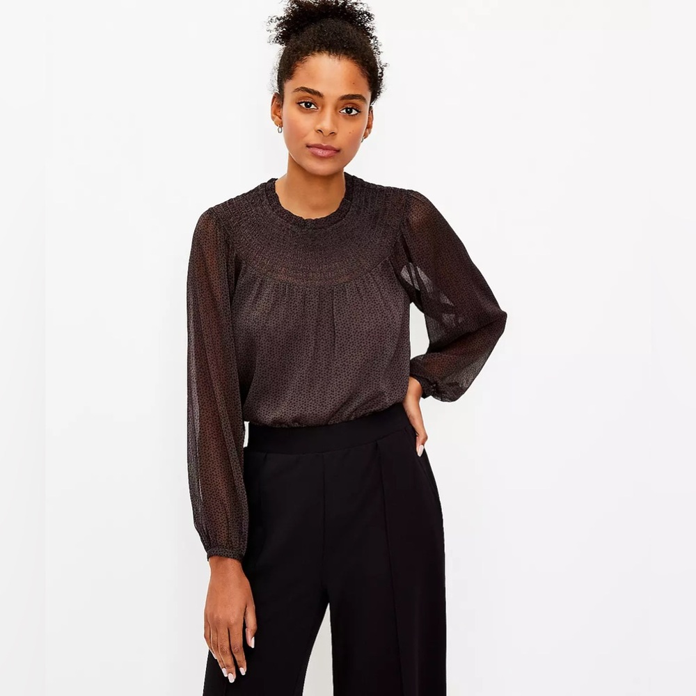 LOFT Brown & Black Dotted Smocked Yoke Blouse Sheer Long Sleeve Size Medium EUC